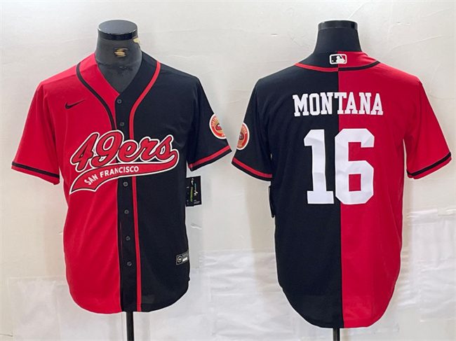 Men's San Francisco 49ers #16 Joe Montana Red/Black Split With Patch Cool Base Stitched Baseball Jersey